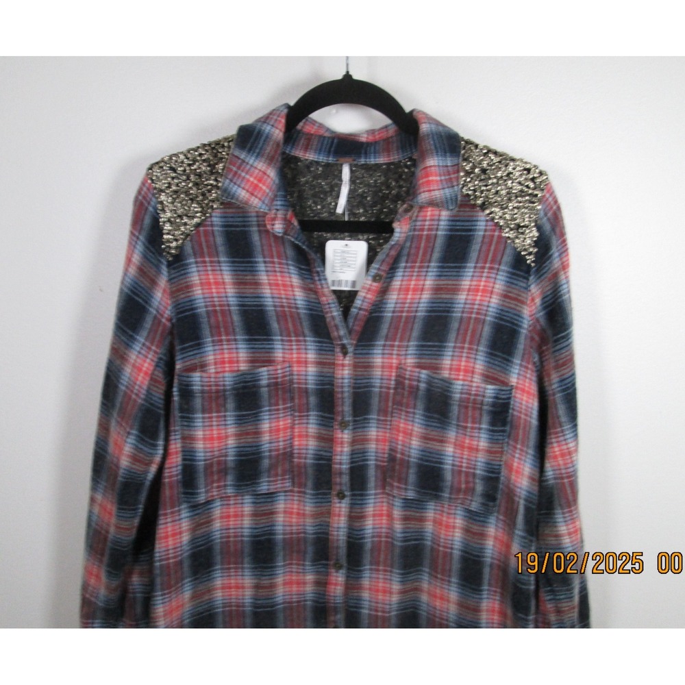 Free People‎ Shirt Small Navy Plaid Sequin Embellished Long Sleeve - Picture 5 of 11